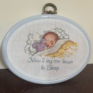 “Now I Lay Me Down To Sleep” Framed Finished Cross Stitch With Sleeping Baby